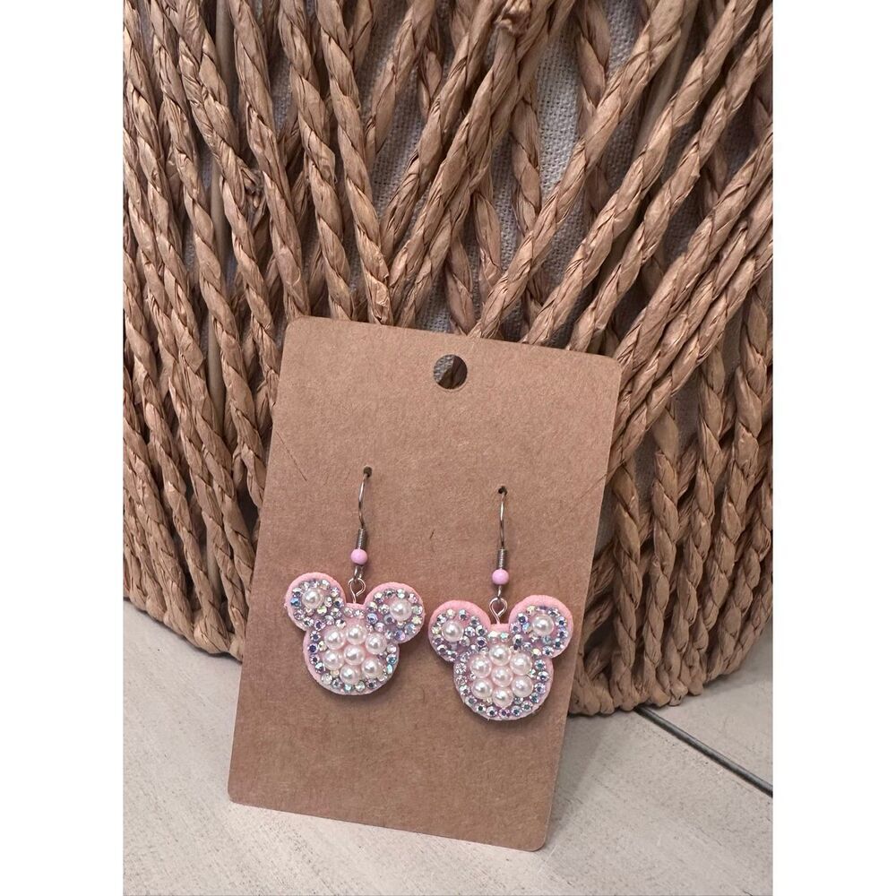 Disney Mickey Mouse Pink Pearl and Rhinestone Felt Dangle Earrings New